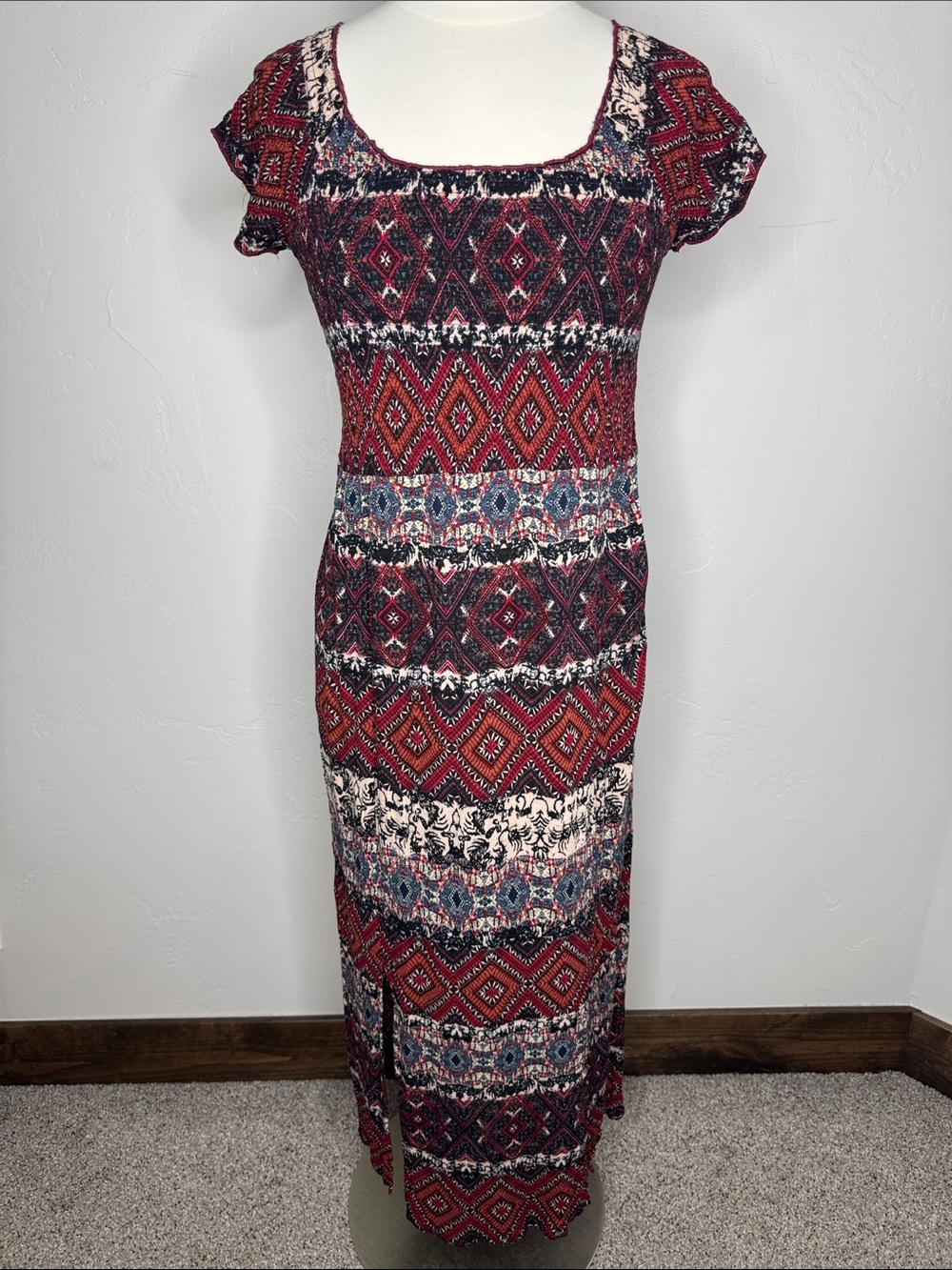 Soft Surroundings Red and Navy Geometric Scoop-Neck Smocked Bodice Maxi Dress